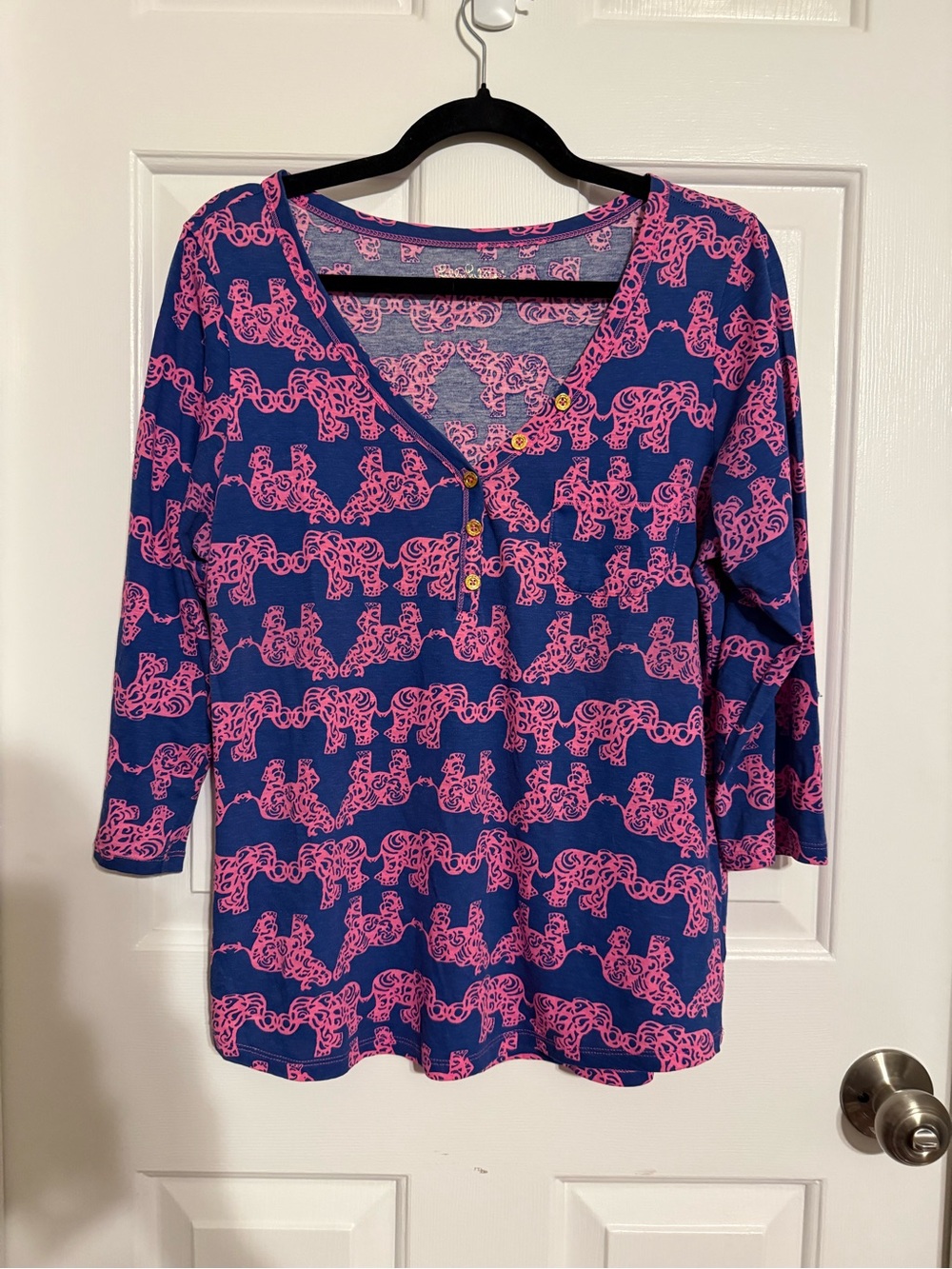 Lilly Pulitzer Pink Blue Elephant Print Pima Cotton Henley Top Small